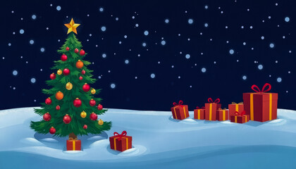 Obraz premium Christmas tree with gifts and falling snowflakes against dark blue background