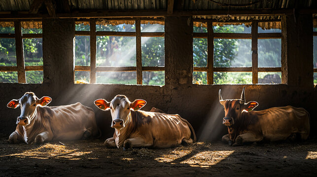 sacred cows resting in traditional Goshala shelter, warm sunlight filtering through windows