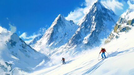 Skiers carve down snow-capped peaks, leaving fresh tracks in the untouched snow.