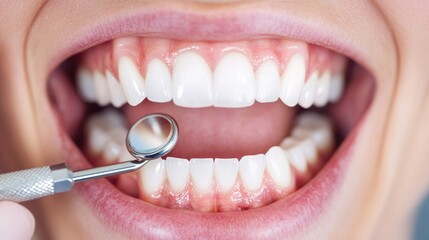 Close-up of an open mouth with a dental mirror, showcasing healthy teeth and gums.