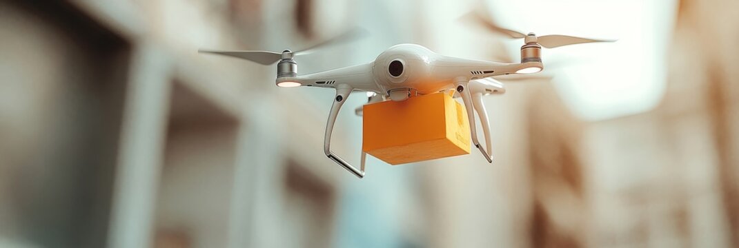 A drone delivers a package of fresh groceries, representing modern technology, convenience, and sustainable delivery options.