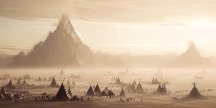 artistic representation captures Moses and Israelites encamped desert tents scattered majestic Mount Sinai soft evening light.