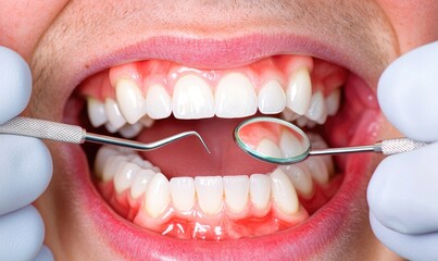 Close-up of open mouth showing healthy teeth during dental examination with tools.
