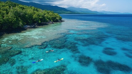 Snorkelers swim in sapphire seas, discovering reefs and marine life below.