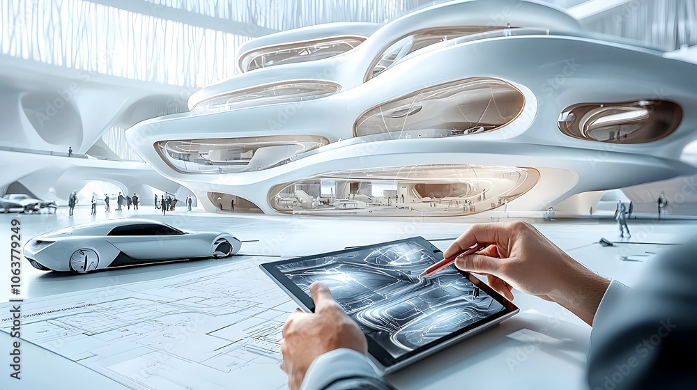 Poster architect using digital tablet to visualize and design a cutting edge futuristic elevated structure 