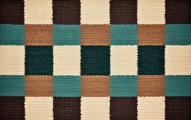 Fototapeta premium Colorful patterned textile with squares, showcasing alternating shades of brown, teal, and cream.
