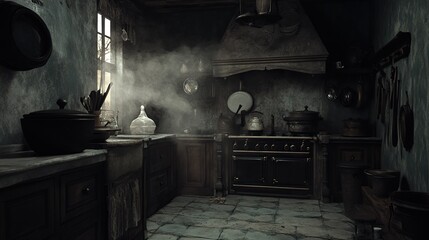 A haunted house featuring a spooky kitchen, with old pots, eerie sounds, and a ghostly chef preparing something sinister.