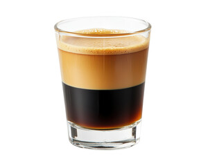 A layered coffee drink showcasing rich, dark espresso and creamy froth in a clear glass on a white background.