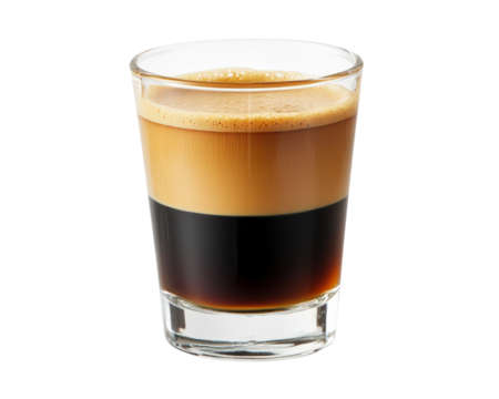 A layered coffee drink showcasing rich, dark espresso and creamy froth in a clear glass on a white background.