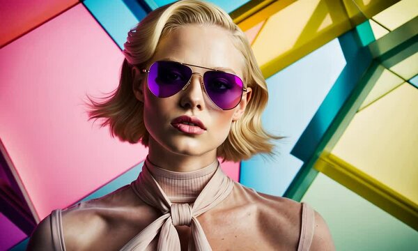 Fashion model showcases trendy sunglasses against colorful geometric backdrop in a stylish urban setting