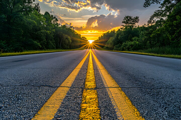 Fototapeta premium As the sun sets, casting warm hues across an empty asphalt road with yellow lines, symbolizing journey and hope in life.