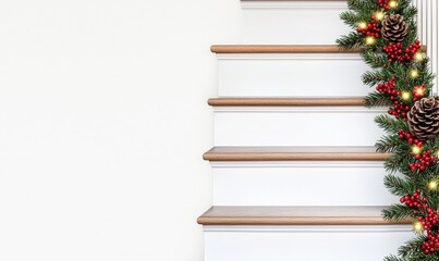 Decorative staircase adorned with festive elements, featuring pinecones and lights, perfect for holiday-themed settings.