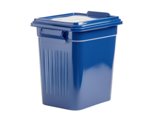 Blue plastic waste bin for sorting and recycling materials, isolated on a white background.