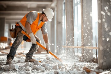 A construction worker in safety gear breaks concrete at a building site, showcasing work in progress with protective measures in place.