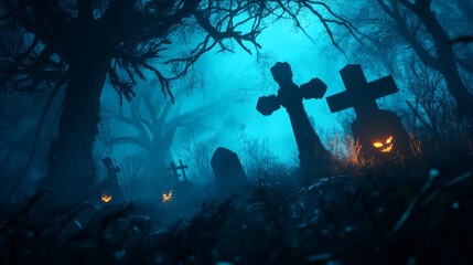 Fototapeta premium A spooky and mysterious graveyard scene with tall, intricate tombstones, shrouded in mist and illuminated by eerie blue light. The scene evokes a sense of mystery, suspense, and the unknown.