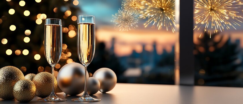 Two champagne flutes are set on a table with festive decorations, overlooking a view illuminated by fireworks at sunset.