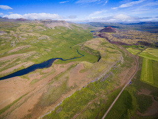 Aerial view of Gerðuberg Cliffs on the southern side of the Snӕfellsnes Peninsula, west Iceland