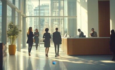 A group of diverse business people walking through an office, engaged in conversation and facing away from the camera Generative AI