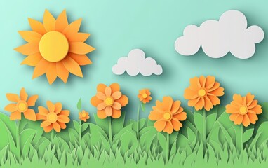 Happy Children's Day. green grass field with orange flowers, a sun, and clouds in a yellow color theme. 