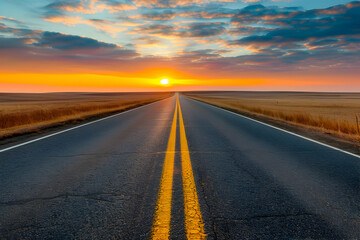 Naklejka premium A road with yellow lines leading to the horizon at sunset, symbolizing new beginnings and progress.