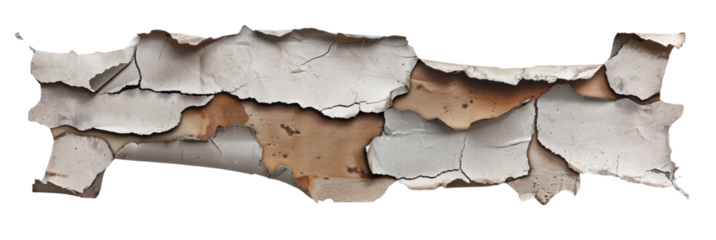 Peeling paint texture on a wall, revealing layered colors and surfaces, isolated on white background.