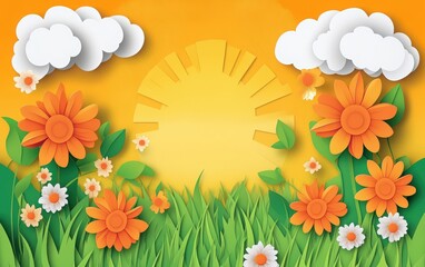 Obraz premium Happy Children's Day. green grass field with orange flowers, a sun, and clouds in a yellow color theme. 