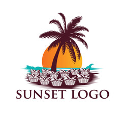 Fototapeta premium Vintage Sunset Palm Tree Beach Tropical Summer Vacation Ocean Logo Design, Sunset Palm Tree Beach Tropical Summer Vacation Ocean Logo Graphic Illustration
