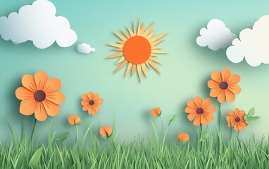 Fototapeta premium Happy Children's Day. green grass field with orange flowers, a sun, and clouds in a yellow color theme. 