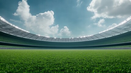 A picturesque empty cricket stadium with a lush green field, ready for the action, under a bright blue sky with fluffy clouds. This image symbolizes anticipation, opportunity, and the potential for gr