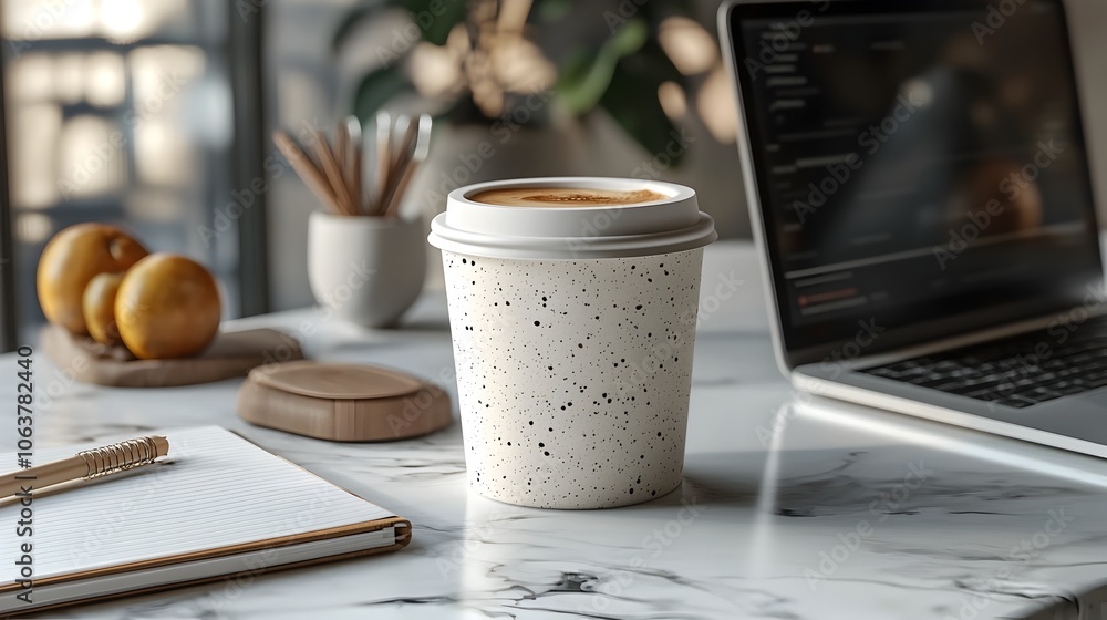 Poster close up of a sophisticated workspace featuring a coffee cup laptop notepad and other decorative ele