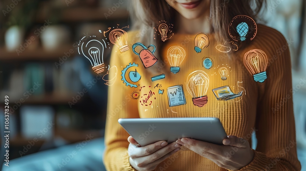Poster close up portrait of a woman engrossed in her tablet with an array of vibrant lightbulbs and startup