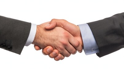 Two business professionals shaking hands in agreement on a white background.