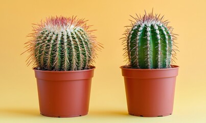 Two colorful cacti in brown pots against a vibrant yellow background, showcasing their unique textures and shapes.