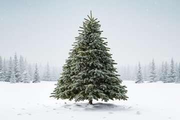 Obraz premium A majestic evergreen tree stands alone in a serene snowy landscape during a tranquil winter day