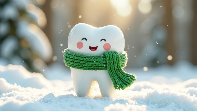 3D happy white cartoon teething ceramic toy with a green scarf on a snowy forest background. Seasonal stomatology promotions