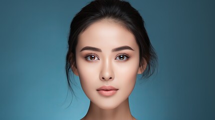 Fototapeta premium Asian Beauty. Korean Makeup, Clean Skin and Hair Pullback - Facial Treatment on Blue Background