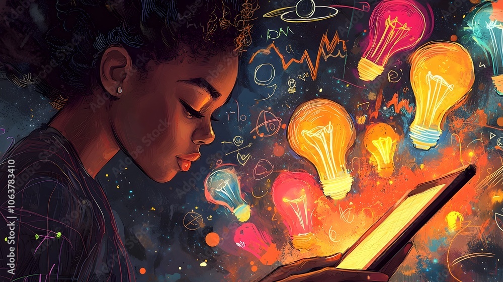 Poster Close up view of a woman intently engaged with her tablet surrounded by a dynamic array of colorful lightbulbs and startup themed doodles like graphs gears and rocket ships