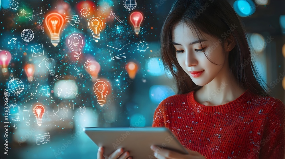 Poster close up view of a woman intently engaging with her tablet surrounded by an array of colorful lightb