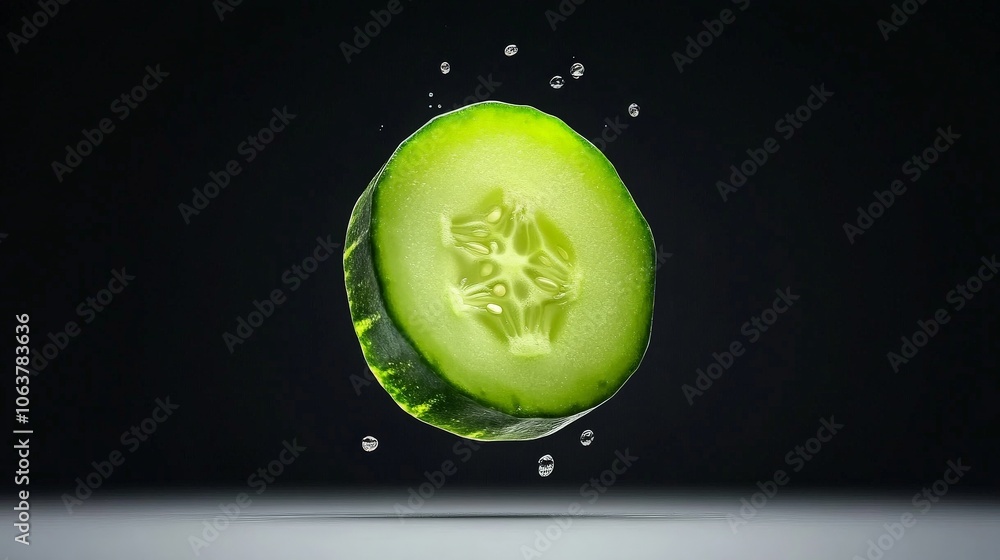 Poster cucumber slice in mid-air: a single, perfectly sliced cucumber hovers in mid-air, illuminated by a s