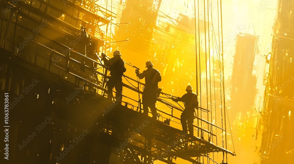Poster close up view of construction workers utilizing specialized tools to assemble an elevated structure 
