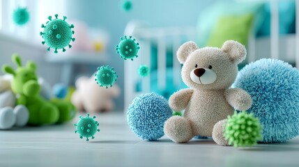 Fototapeta premium A cute teddy bear sits surrounded by soft, colorful balls and floating virus-like shapes, evoking themes of childhood and health.