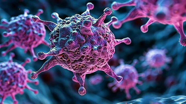 The image showcases colorful virus particles magnified under a microscope, displaying intricate details of their structure in a laboratory environment