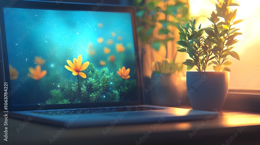 Poster closeup of a laptop screen displaying a productive and organized workspace with a coffee cup and a s