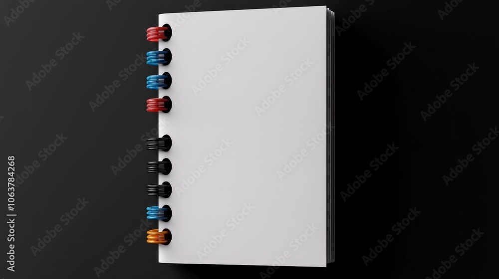Poster blank notebook with colorful buttons: minimalist, modern notebook with colorful buttons, ready for y