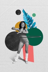 Vertical photo collage of happy trainer girl twist hula hoop aerobics warm up activity sporty...
