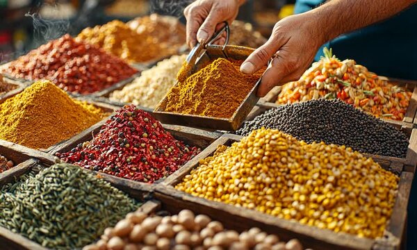Vibrant spices displayed in a market, showcasing culinary diversity.