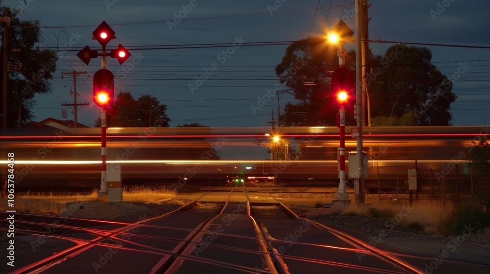 Poster a striking display of light trails from passing vehicles and the train itself creates a lively atmos