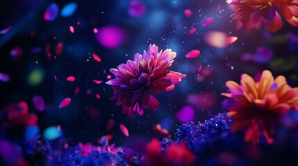 A captivating floral arrangement with vibrant pink, orange, and blue hues, showcasing a delicate dance of petals against a dark background.  The image evokes a sense of ethereal beauty,  fantasy, and 