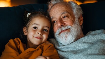 A young girl and her grandfather share a warm and loving moment together while lying on a couch. They both gaze into the distance with a smile, radiating happiness.