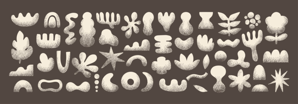 Naive abstract shapes. Doodle elements with noisy grain pattern. Natural objects with grunge texture. Trendy shape silhouette, minimalist amorphous form, vector set